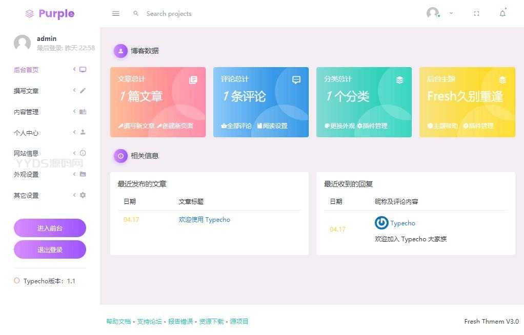 Fresh扁平化自适应typecho后台主题