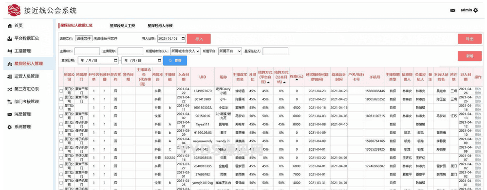 工会系统抖音快手等多平台主播分红分润系统星探经纪人城市合伙人多角色管理系统分红统计系统